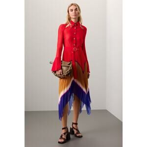 THEBE MAGUGU Red Gradient Asymmetric Pleated Cocktail Collared Chiffon Dress M